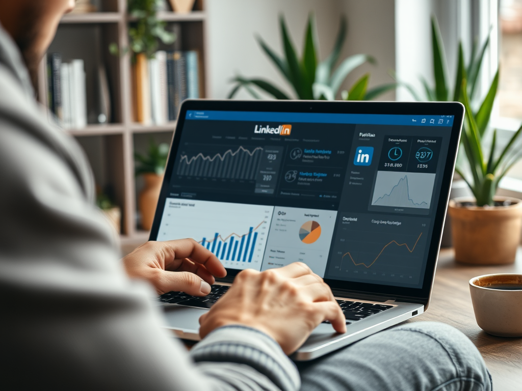 A person analyzing LinkedIn analytics on a laptop, surrounded by plants and books, with a coffee cup nearby.