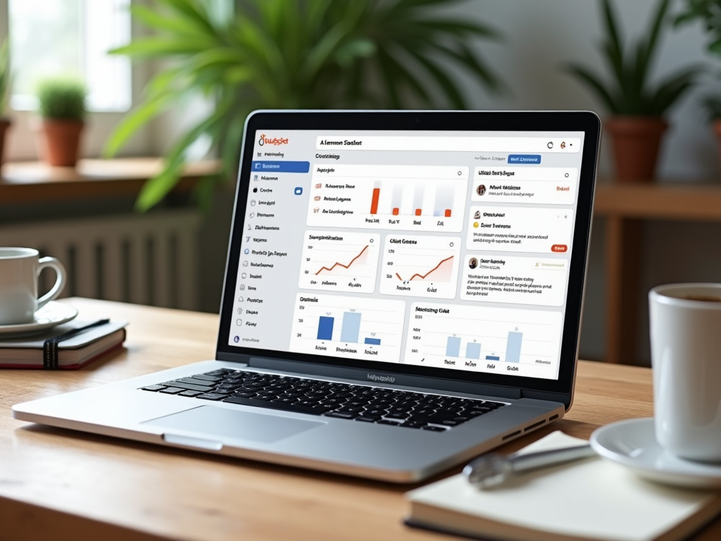 Laptop on a desk displaying graphs and data analytics, with a cup of coffee and notepad beside it.