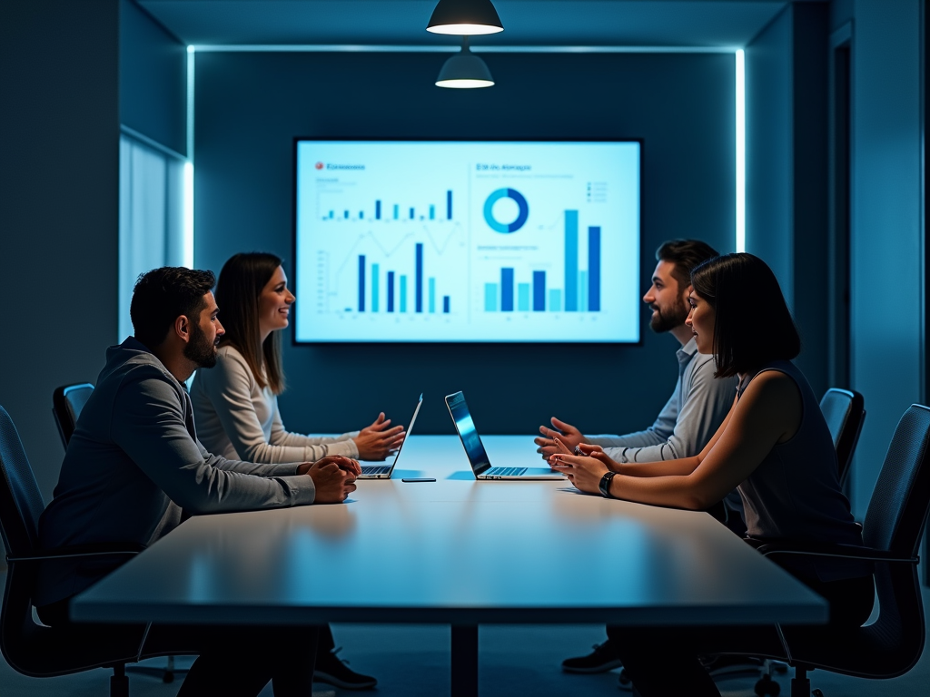 Four professionals discussing data at a conference table with a presentation screen in a dimly lit room.