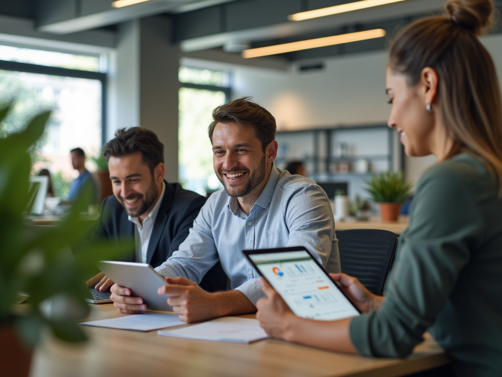 Three business professionals smiling and discussing over digital devices in a modern office setting.