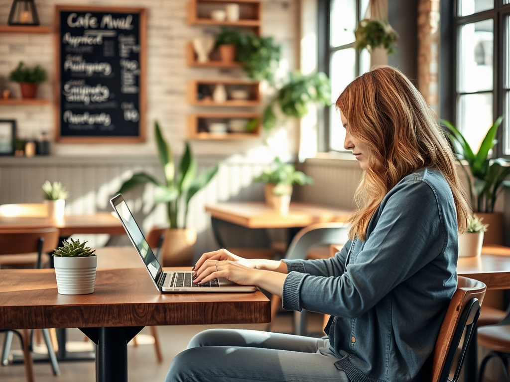 A woman sits at a café table typing on a laptop, with plants and a chalkboard menu in the background.