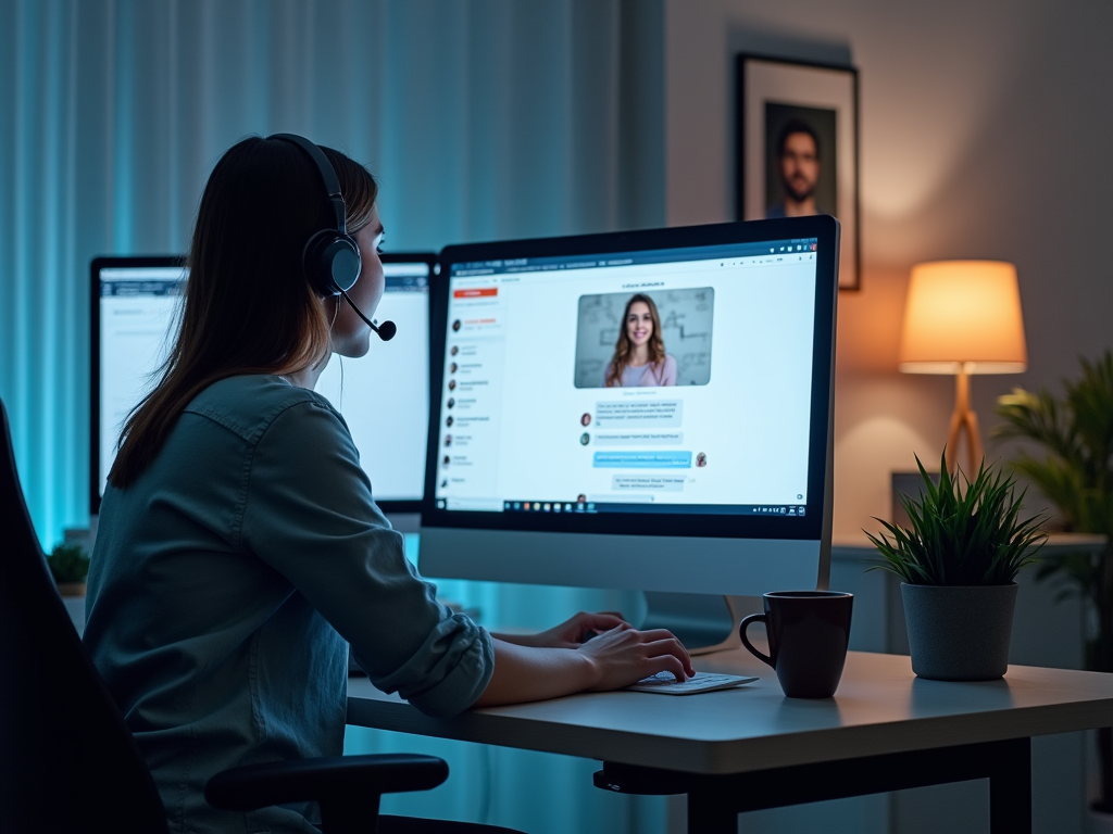 Woman with headset working on computer at night, viewing a video call with another woman on the screen.