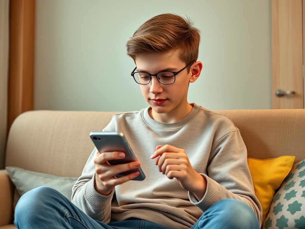 A young person wearing glasses sits on a couch, focused on their smartphone in a cozy room.