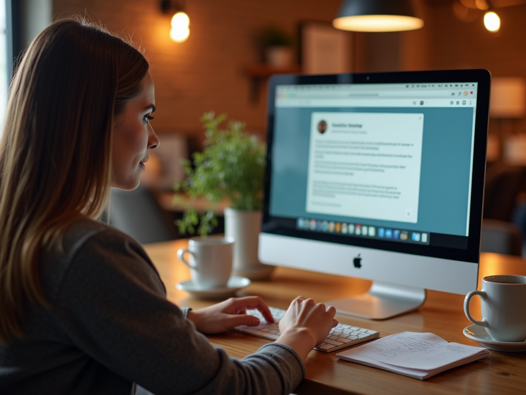 Woman reviewing information on a computer in a cozy office setting.