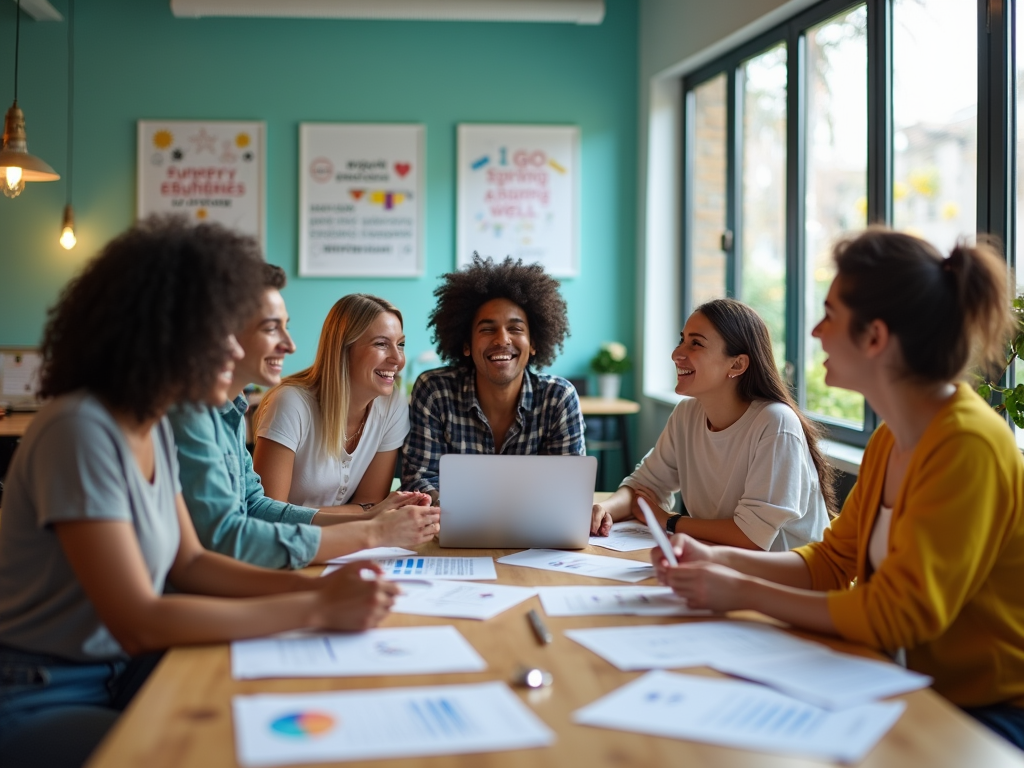 A diverse group of six young adults engage in a lively discussion, surrounded by papers and a laptop.