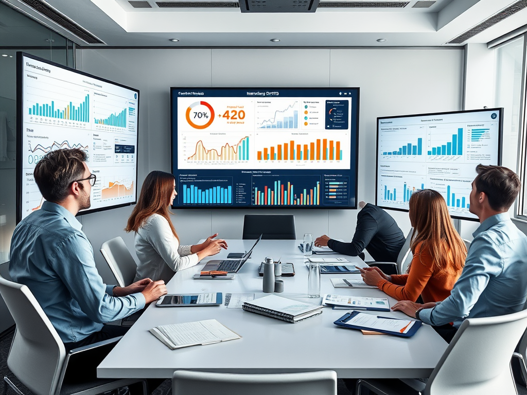 A diverse team in a conference room analyzes data on screens, discussing strategies and performance metrics.