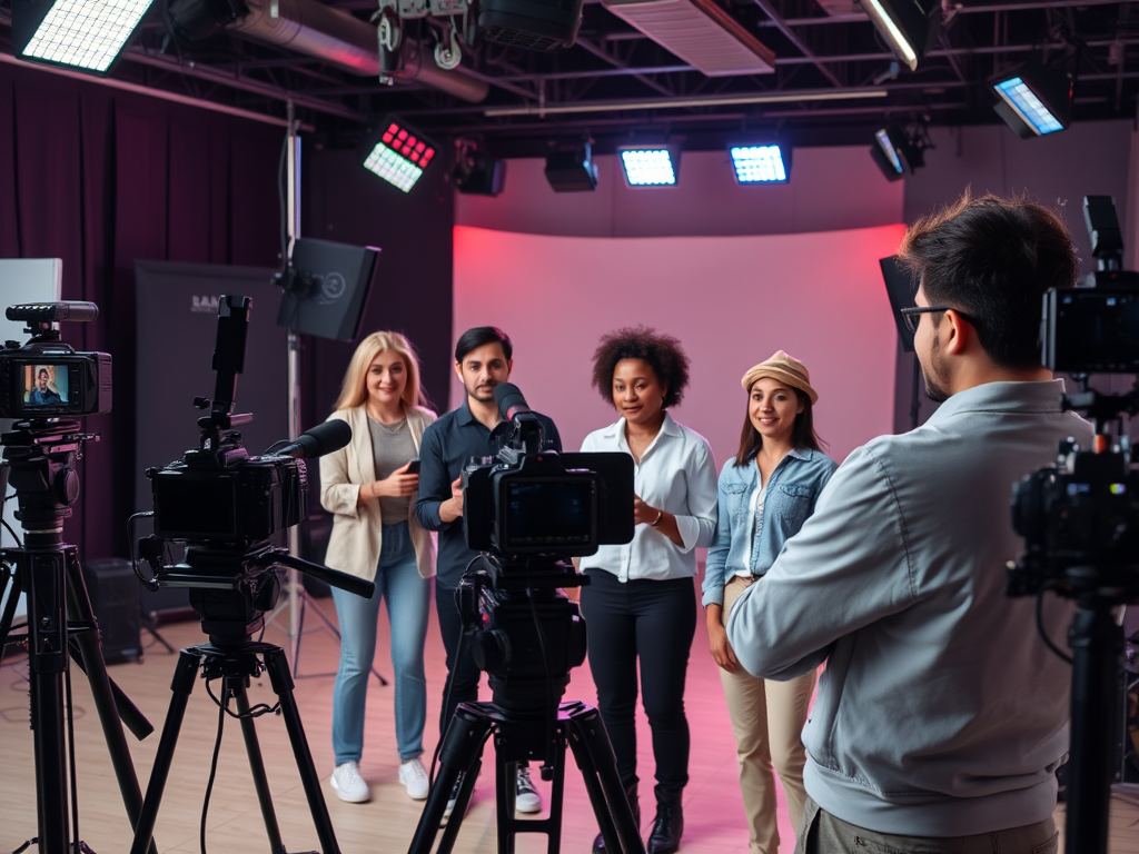 A group of four diverse individuals stands in front of cameras, engaged in a discussion in a studio setting.