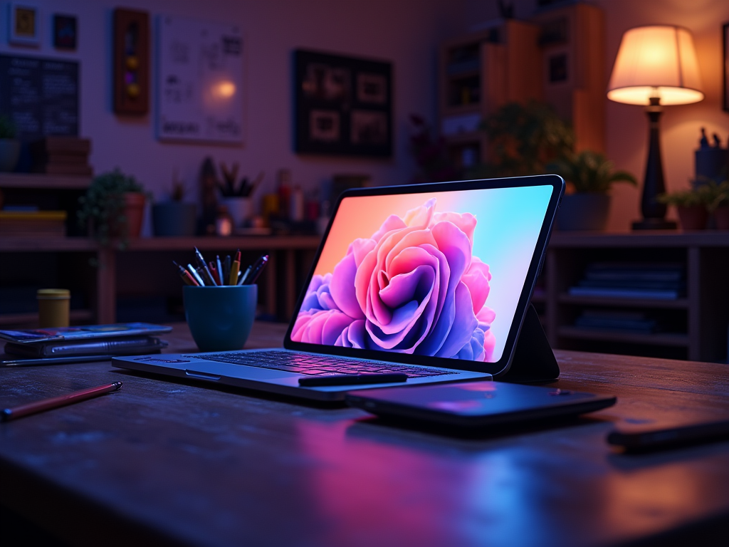 Laptop displaying a vivid flower wallpaper on a desk in a cozy room with ambient lighting.