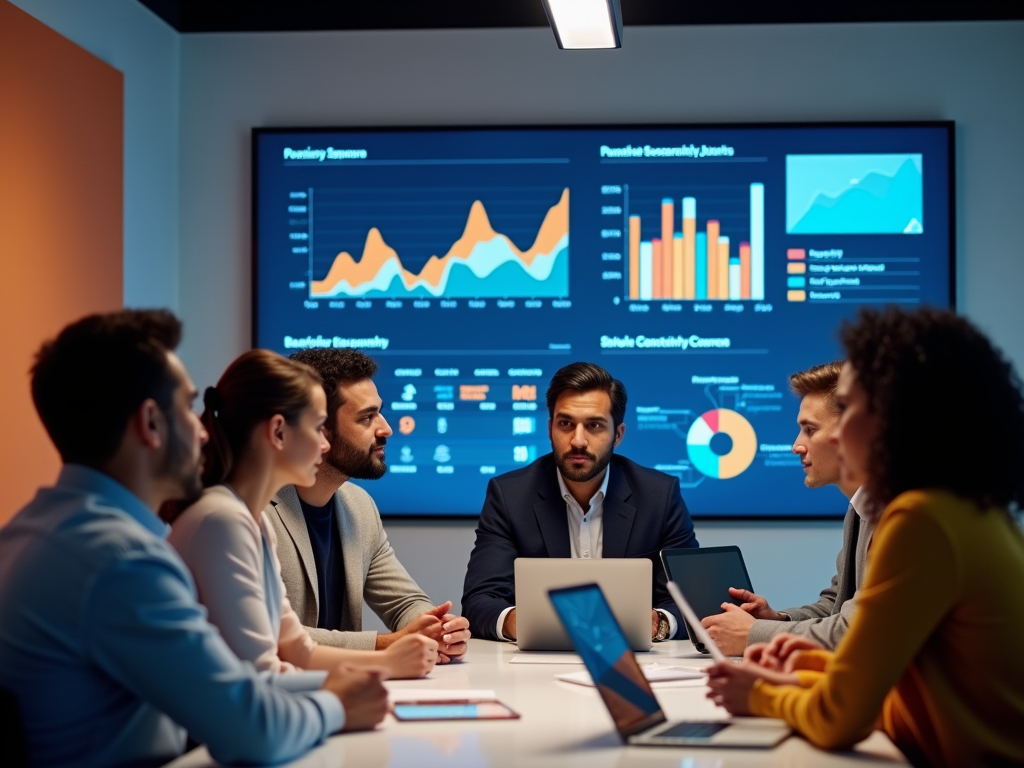 Team of professionals in a meeting discussing data displayed on multiple screens.