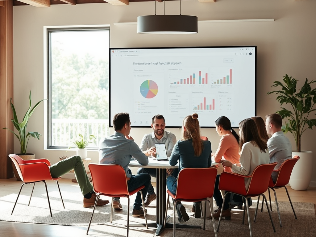 A diverse group of six people in a meeting room discuss data displayed on a screen while seated at a table.