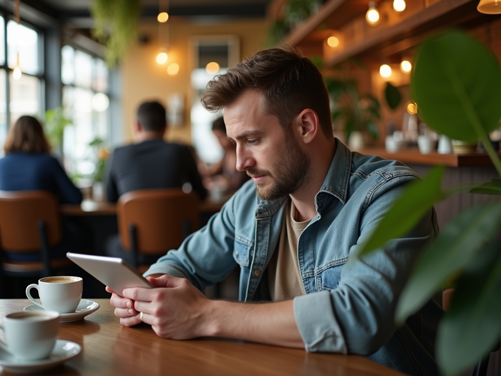 Man in denim jacket using tablet in busy cafe, with coffee cups on table.