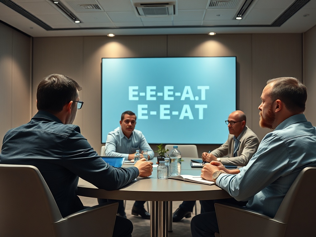 A group of four professionals seated around a table, discussing a presentation shown on a screen.