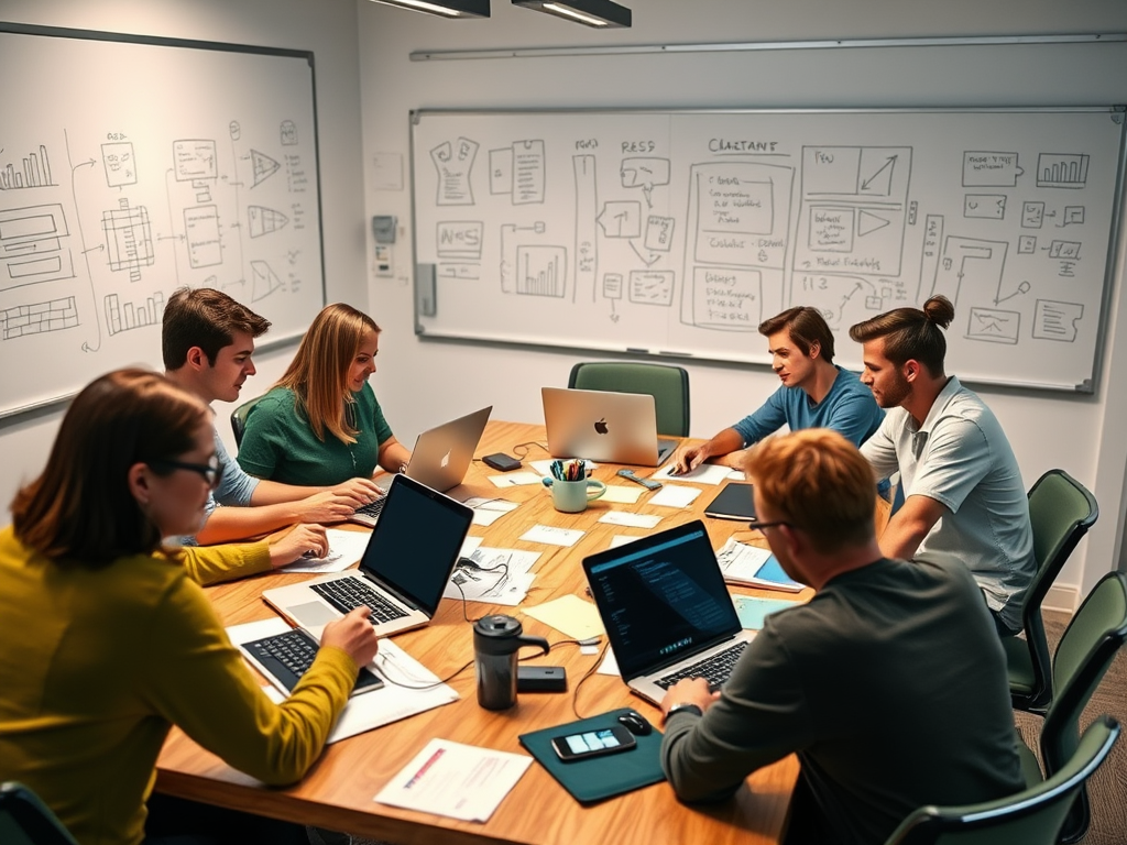 A team of six people collaborates in a meeting room with laptops and whiteboard explanations around them.