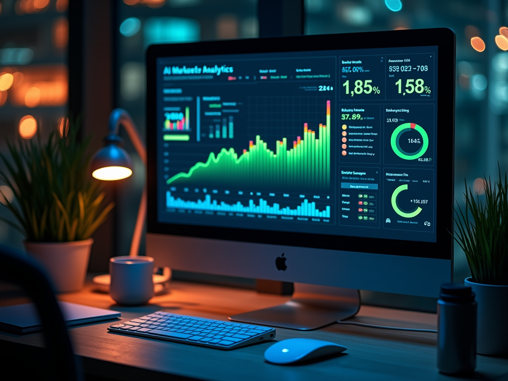 A modern workspace with two computer screens displaying colorful financial analytics graphs.