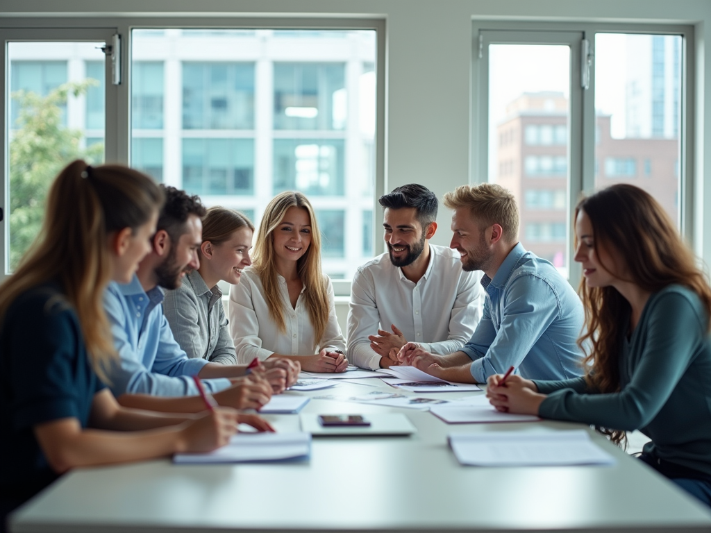 A diverse group of professionals engaged in a collaborative discussion around a table, smiling and taking notes.