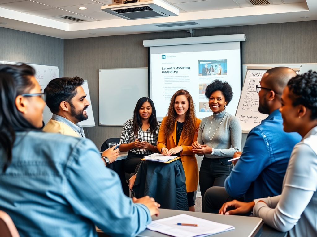 A diverse group of professionals engages in a collaborative discussion during a marketing meeting.