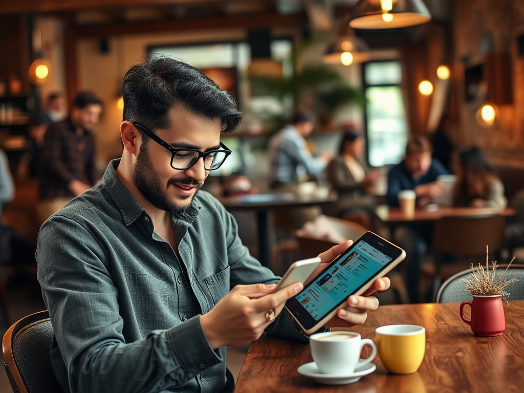 A young man with glasses examines his phone and tablet while enjoying coffee in a lively café setting.