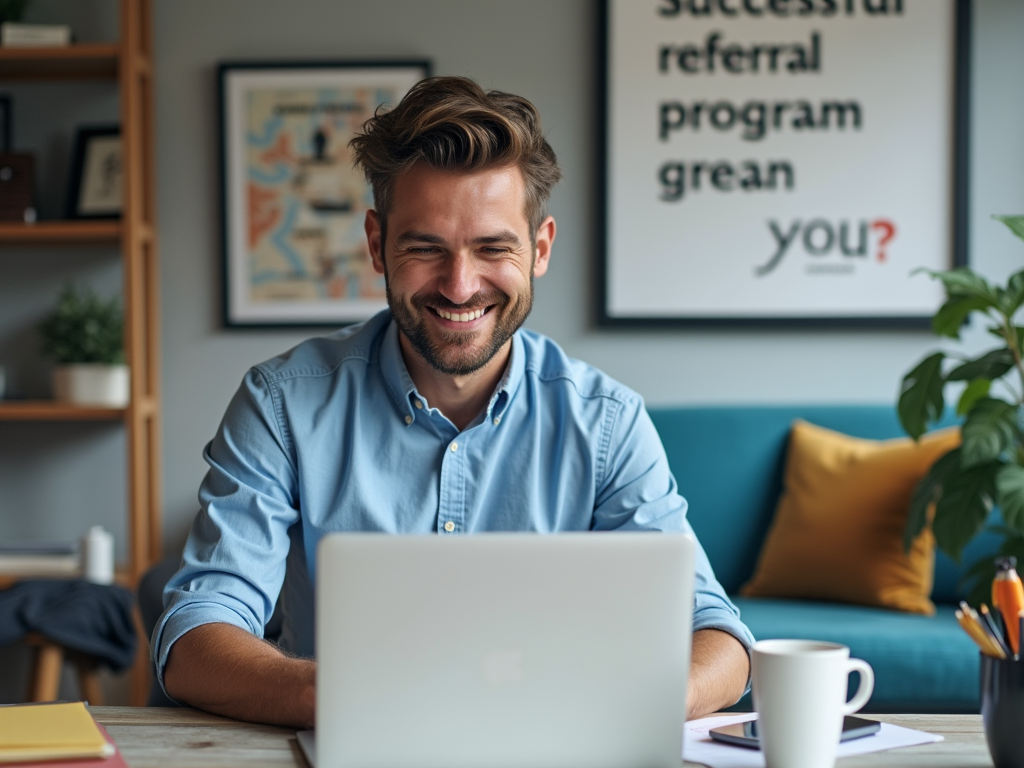 Happy man with laptop in a cozy office with a motivational poster in the background.