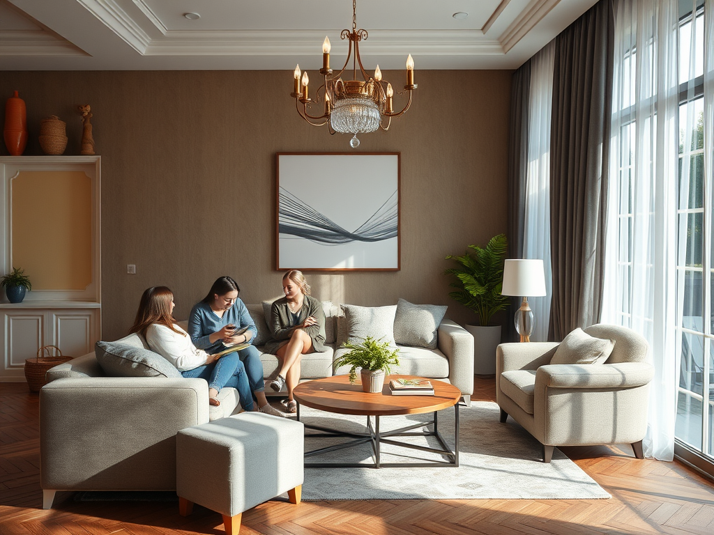 Three women sit together in a stylish living room, engaged in conversation with sunlight streaming through large windows.