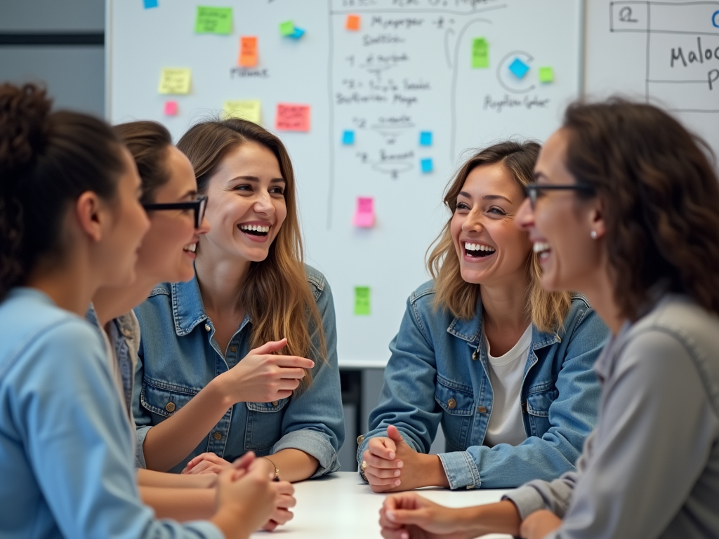 A group of smiling women engaged in a joyful discussion around a table, with colorful sticky notes in the background.