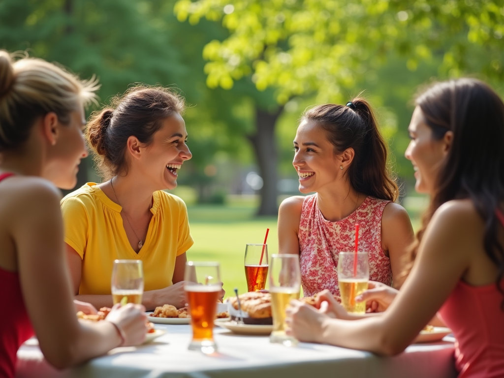 Four women laughing and chatting over food and drinks at a park table.