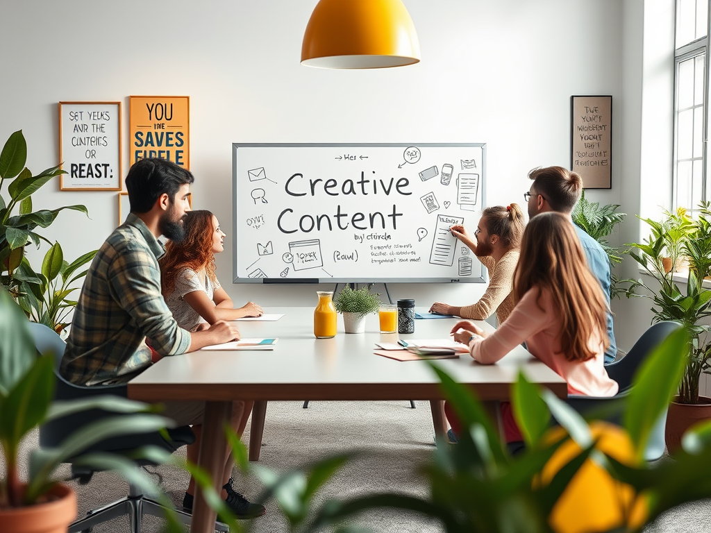 A group of people in a modern meeting room discuss ideas for "Creative Content" on a whiteboard.