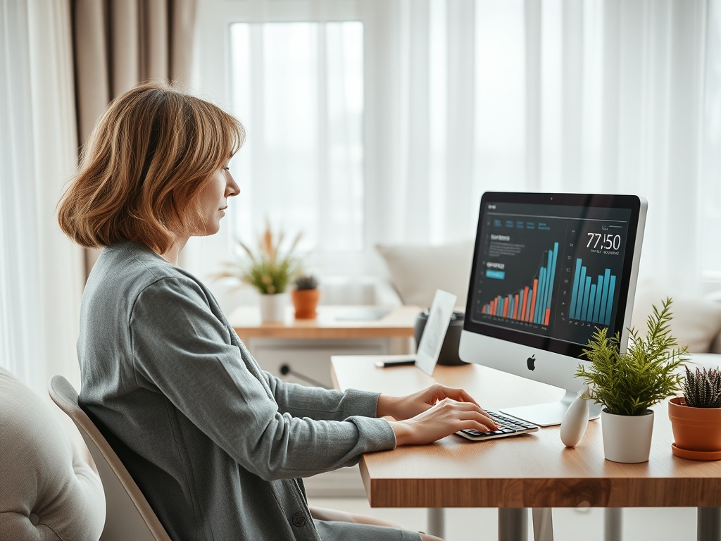 A woman with short hair types on a computer in a bright, modern workspace with plants and graphs displayed on the screen.