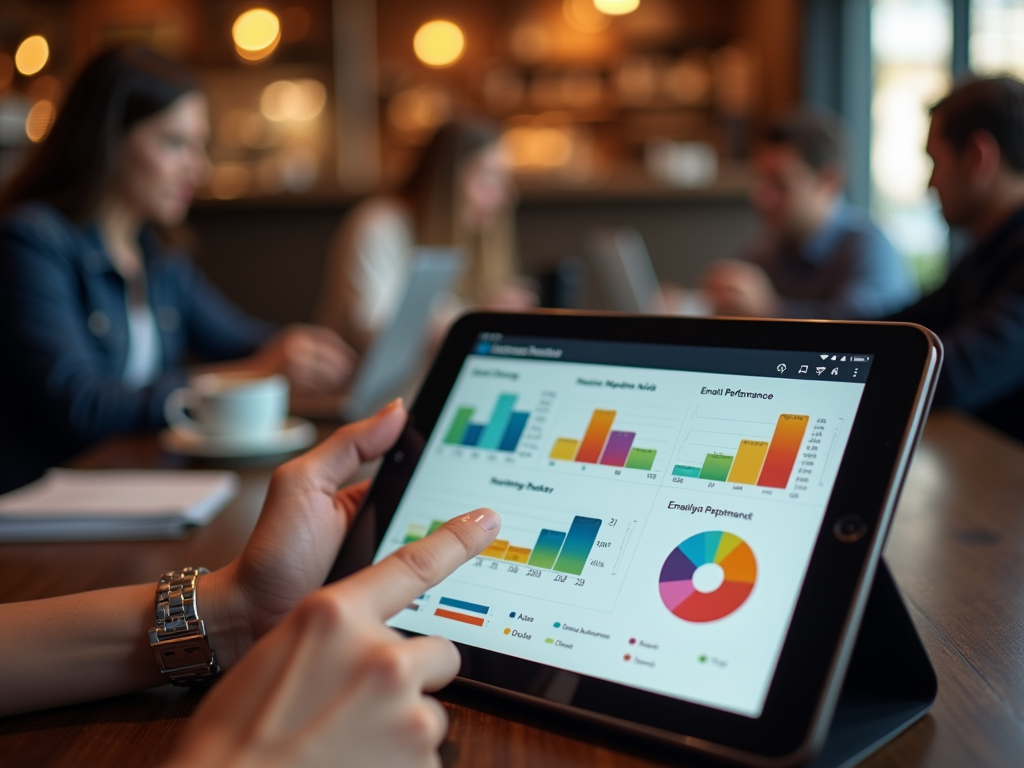 Close-up of a tablet displaying colorful business charts, with people working in the blurred background.