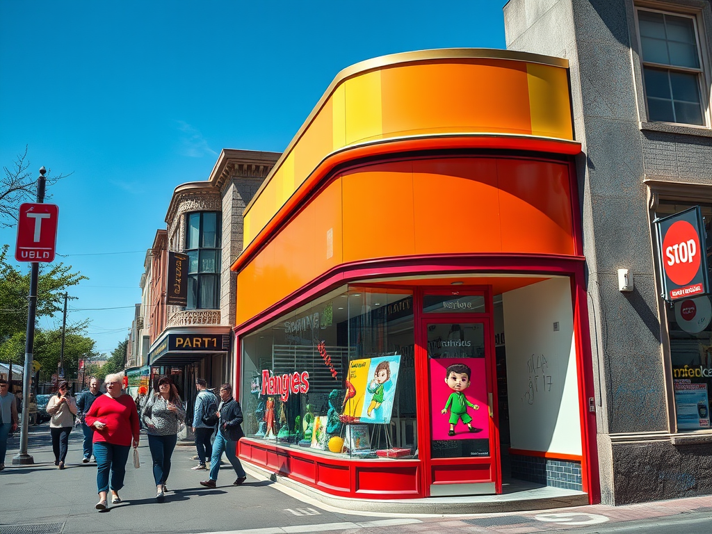 A bright orange storefront displays colorful art with people walking by on a sunny day in a lively city street.