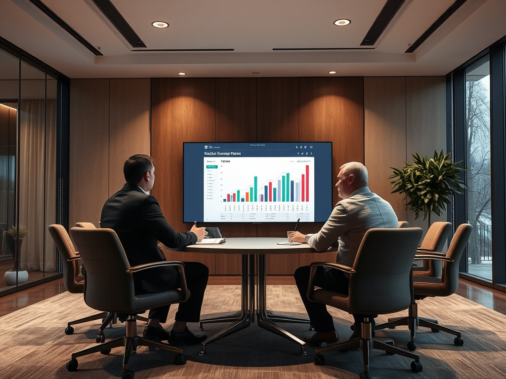 Two business professionals are discussing data in a modern conference room, with charts displayed on a screen.