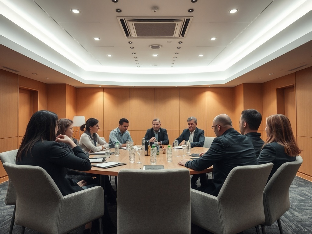 A group of professionals in formal attire engaged in discussion around a circular conference table in a modern meeting room.