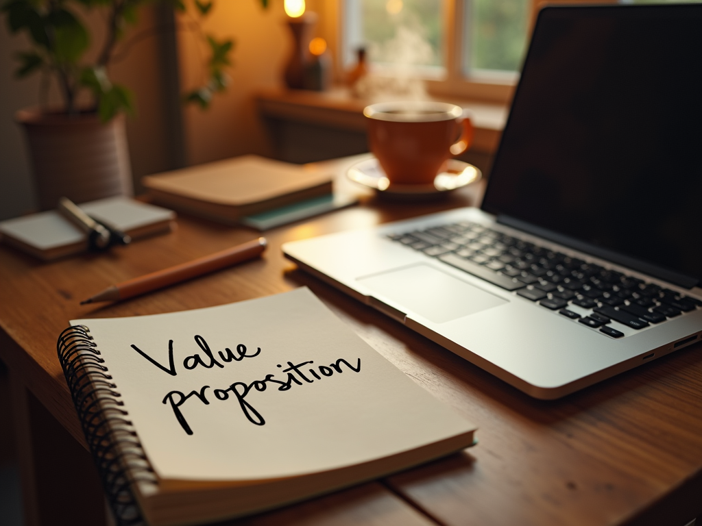 A cozy workspace with a notebook labeled "Value proposition" next to a laptop and a cup of coffee.