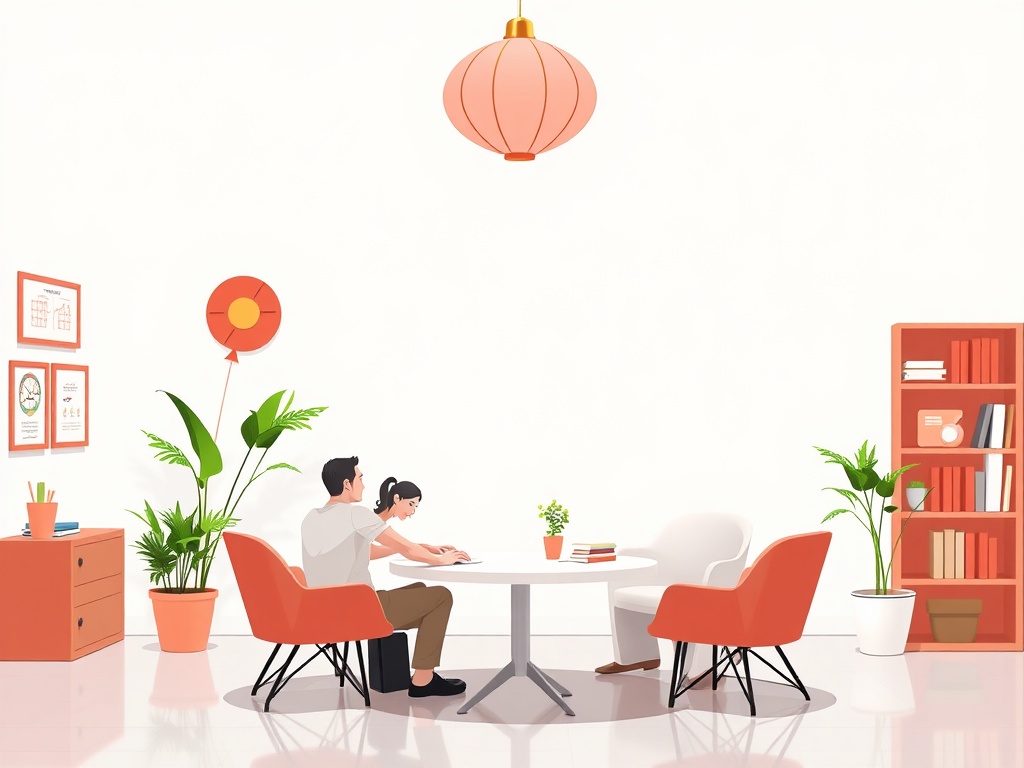 A modern workspace with two people at a table, plants, orange decor, and a bookshelf in a bright, minimalist setting.