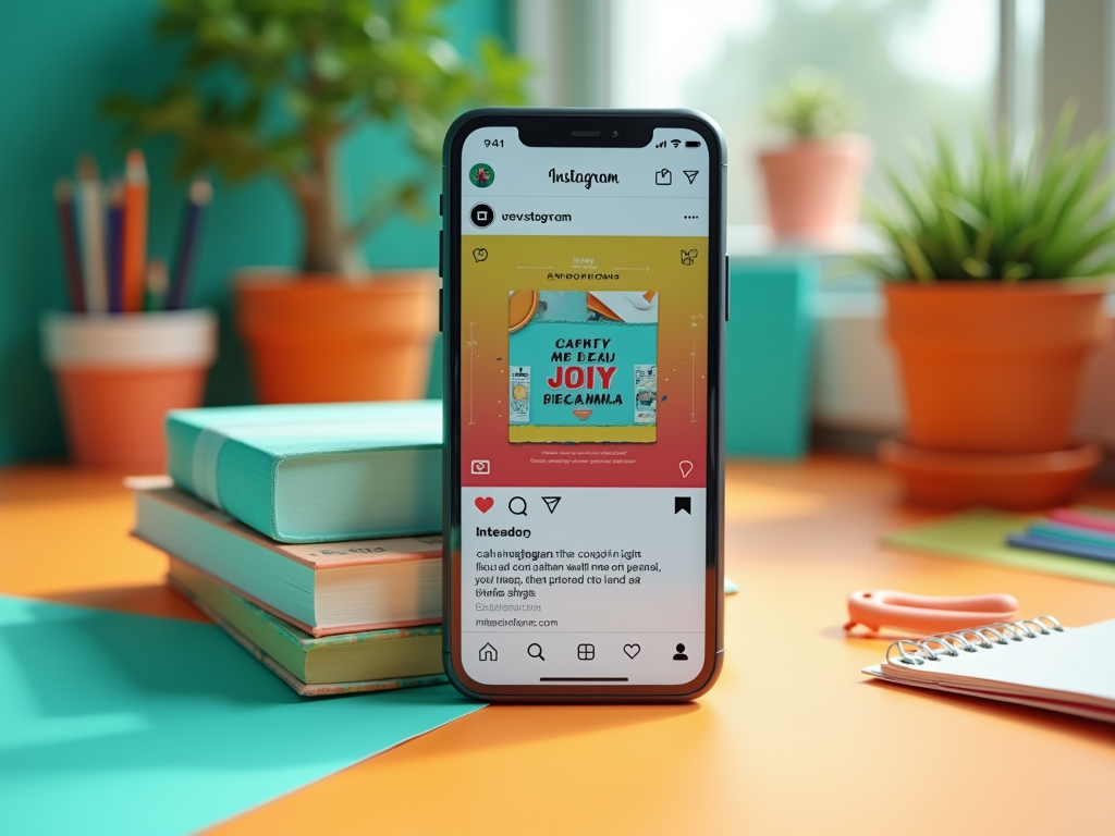 A smartphone displaying an Instagram post, surrounded by books and plants on a colorful desk.