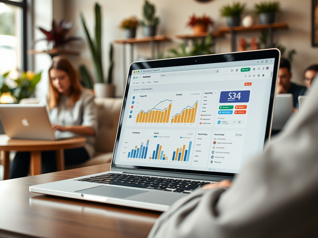 A laptop displaying a financial dashboard with graphs and data, while a person works in a cafe setting.