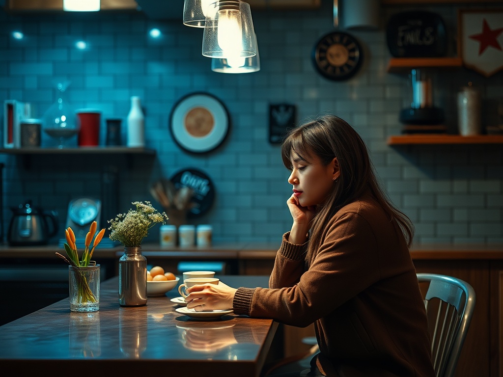 A woman sits at a dimly lit kitchen table, thoughtfully holding a cup, surrounded by flowers and a plate of eggs.