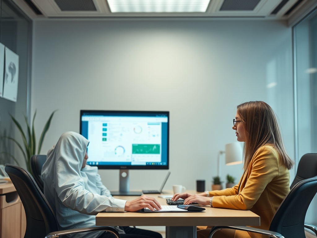 A woman in a yellow suit and glasses discusses data with a person in a blue hoodie at a conference table.
