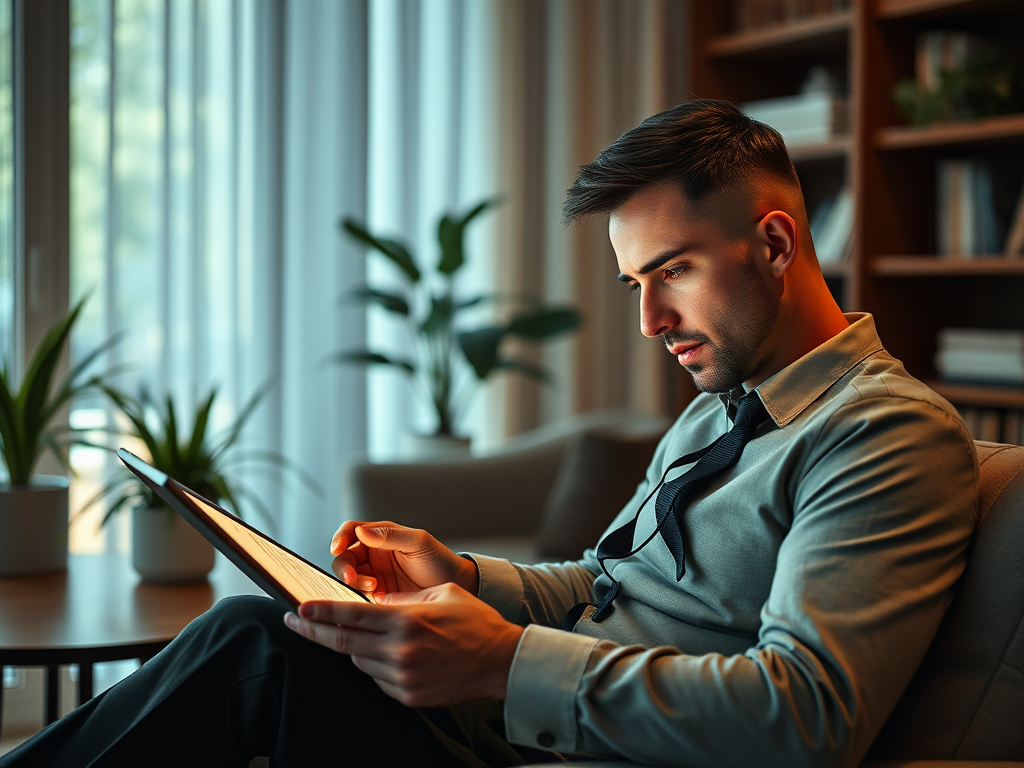 A young man attentively reads on a tablet while sitting in a well-lit, cozy room, surrounded by indoor plants.
