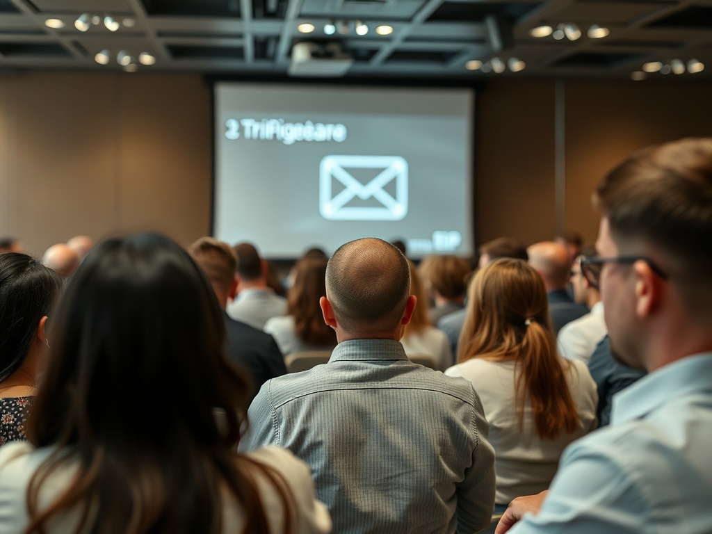 Audience members facing a presentation screen displaying an email icon and text in a conference room.