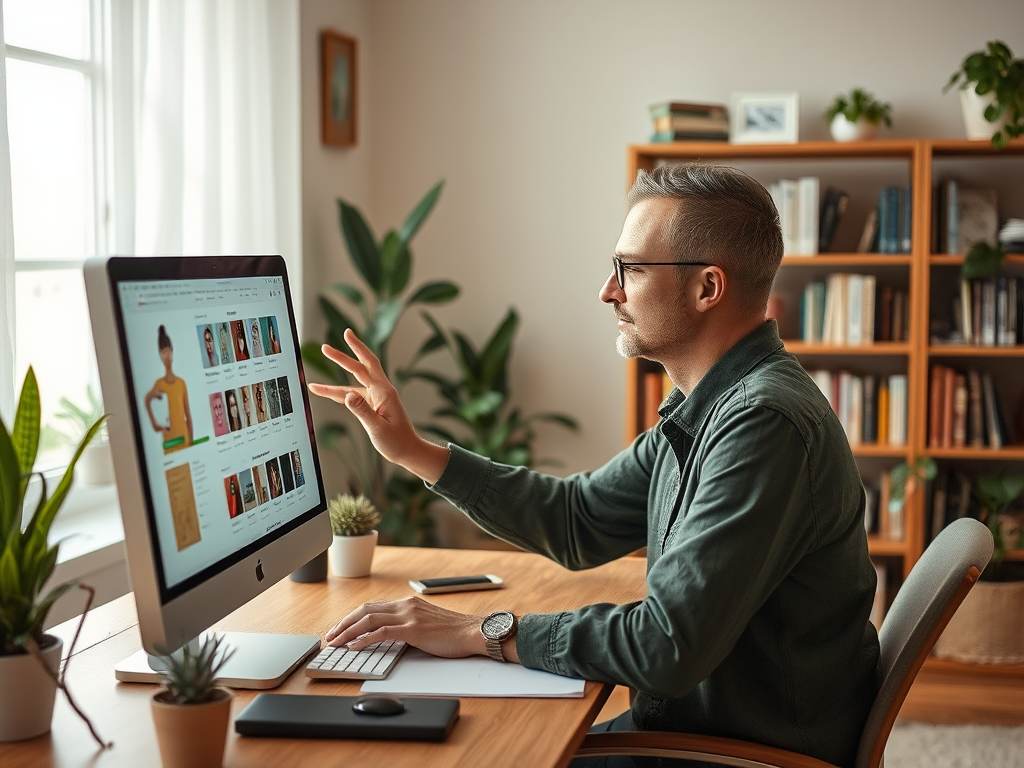 A man in a green shirt sits at a desk, using a computer to browse a collection of images online.