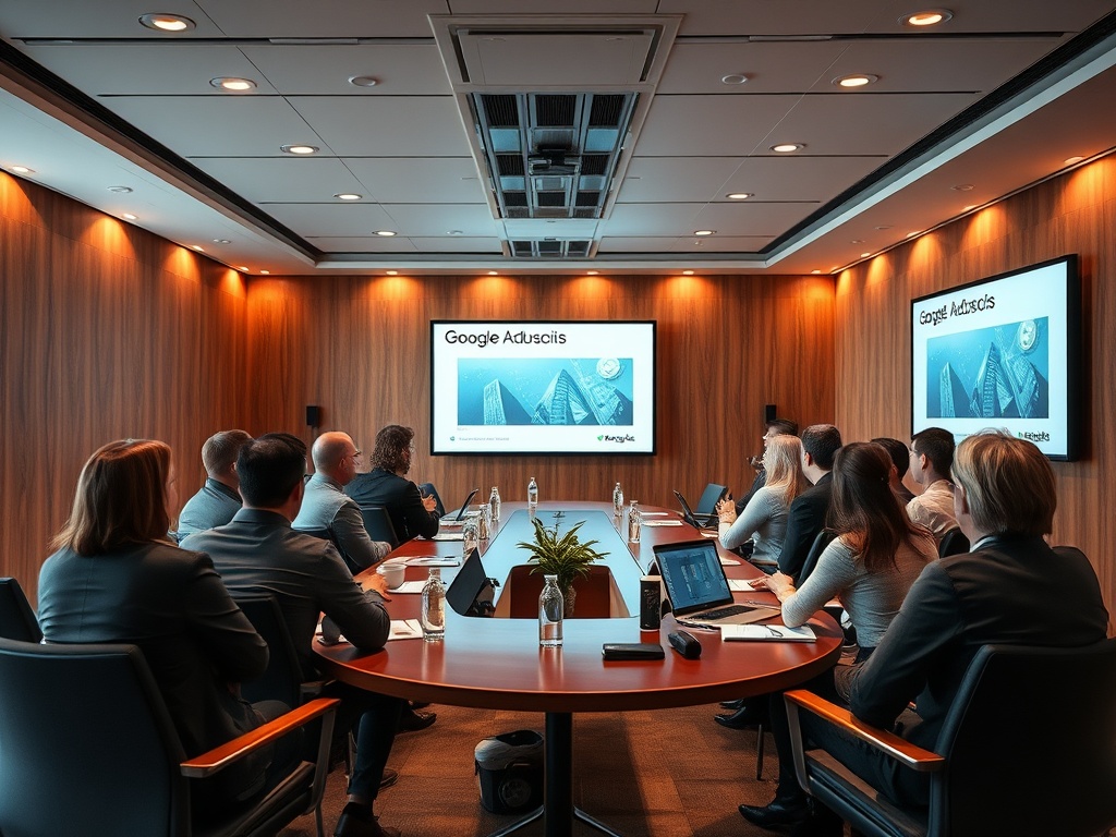 A business meeting in a conference room with a presentation on Google Ads, featuring a diverse group of attendees.