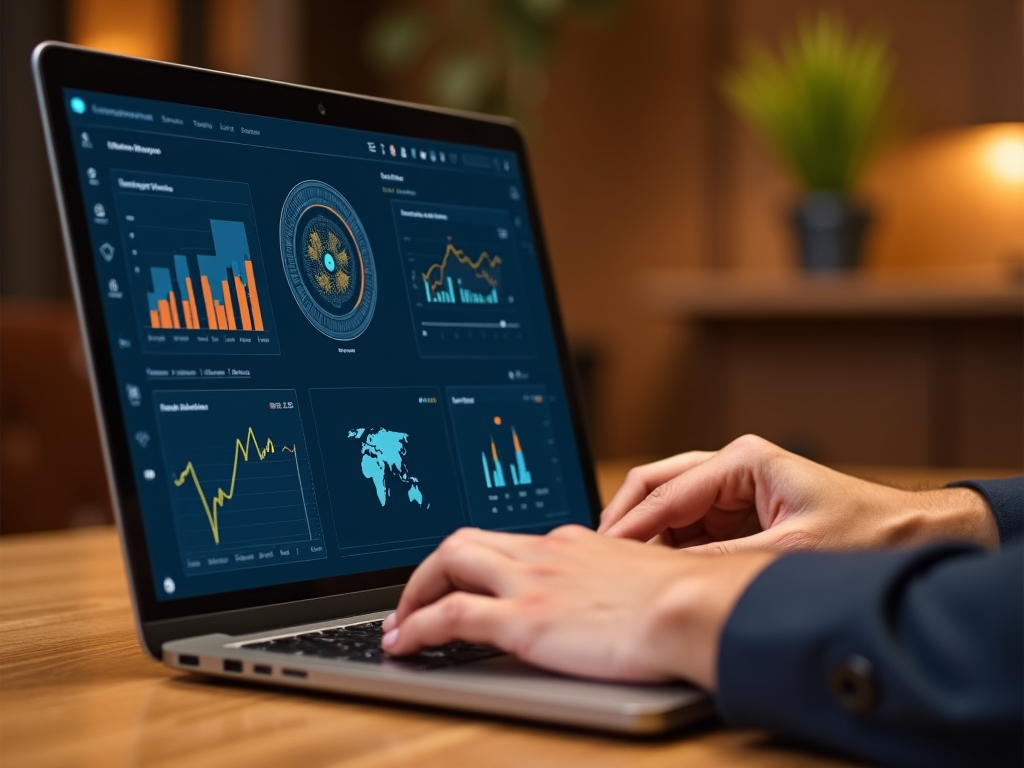 Laptop screen displaying various business analytics graphs while a person navigates with a trackpad.