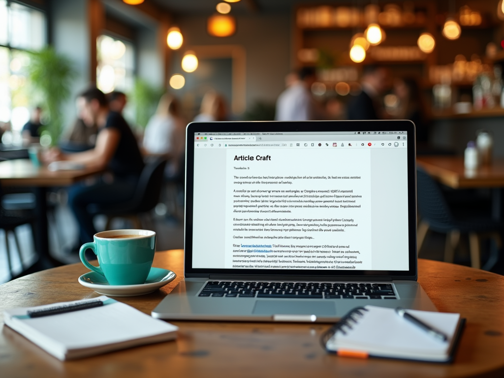 A laptop on a table displaying a document titled "Article Craft," beside a coffee cup and notepad, in a cafe.