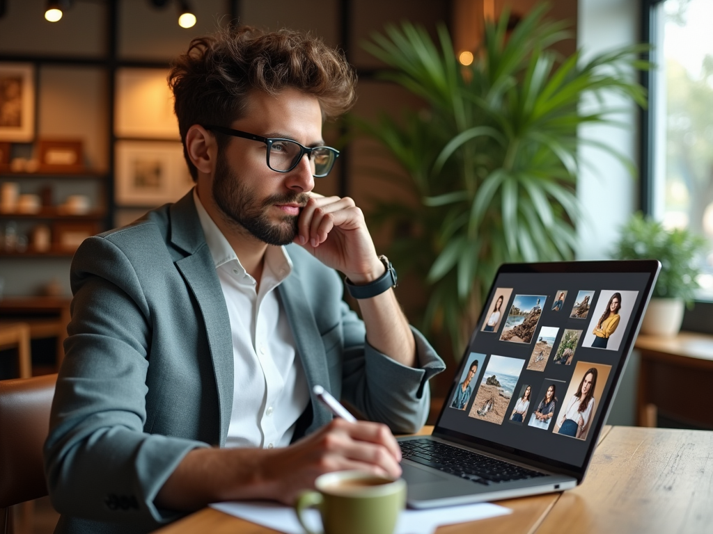 Man in cafe reviewing photos of people on laptop screen.