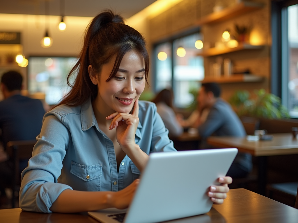 A smiling woman in a cafe looks at her laptop, resting her chin on her hand, with people chatting in the background.