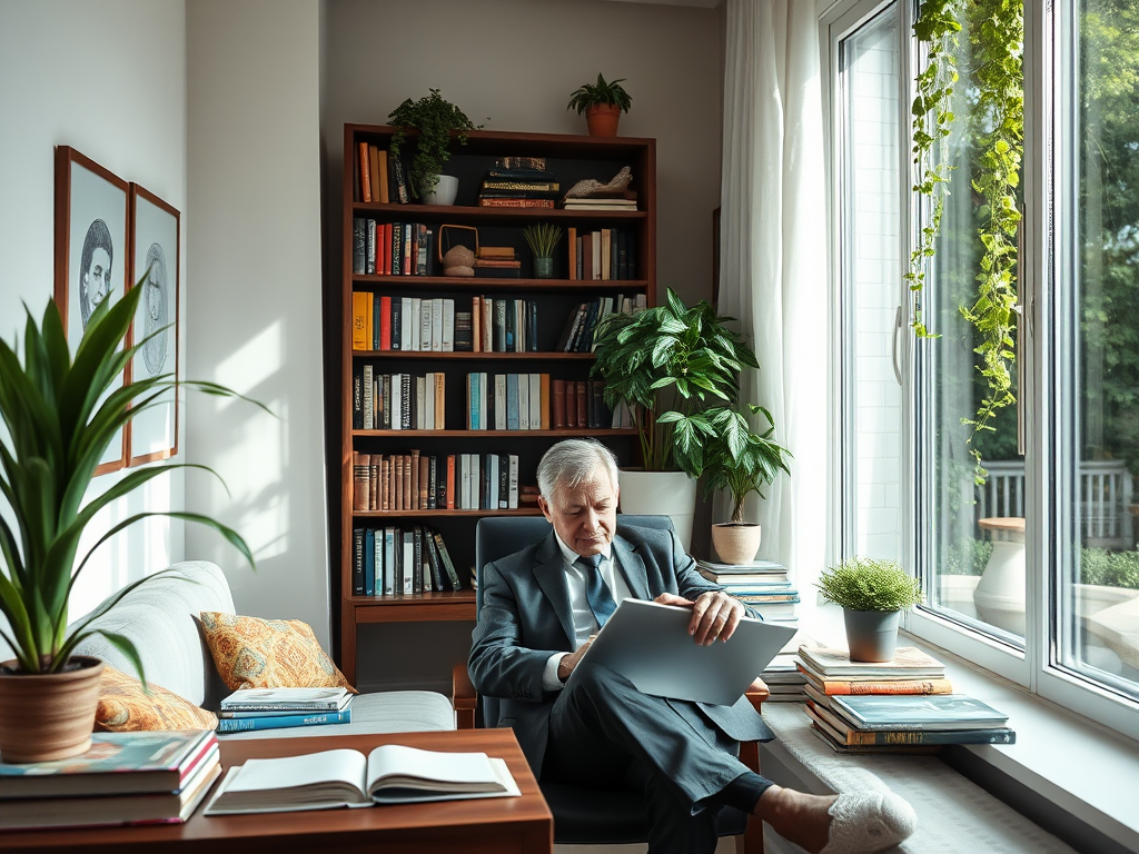 An older man in a suit sits in a cozy room, reading in front of a bookshelf filled with books and plants.