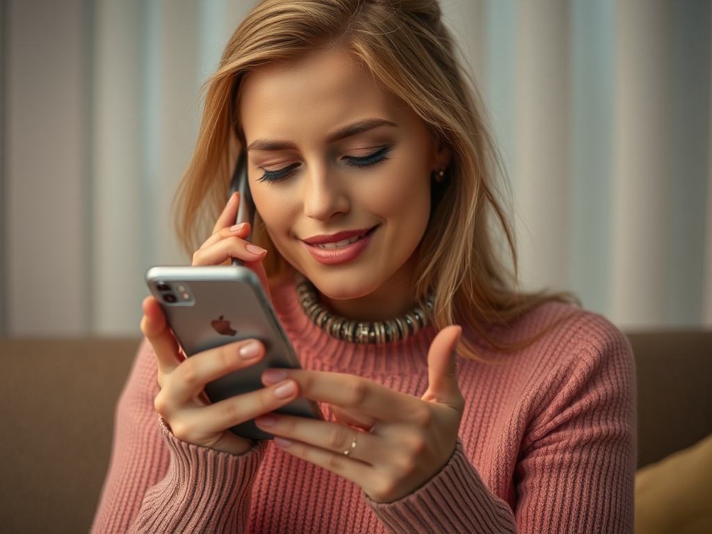 A woman with blonde hair smiles while talking on the phone and using her smartphone, sitting on a couch.