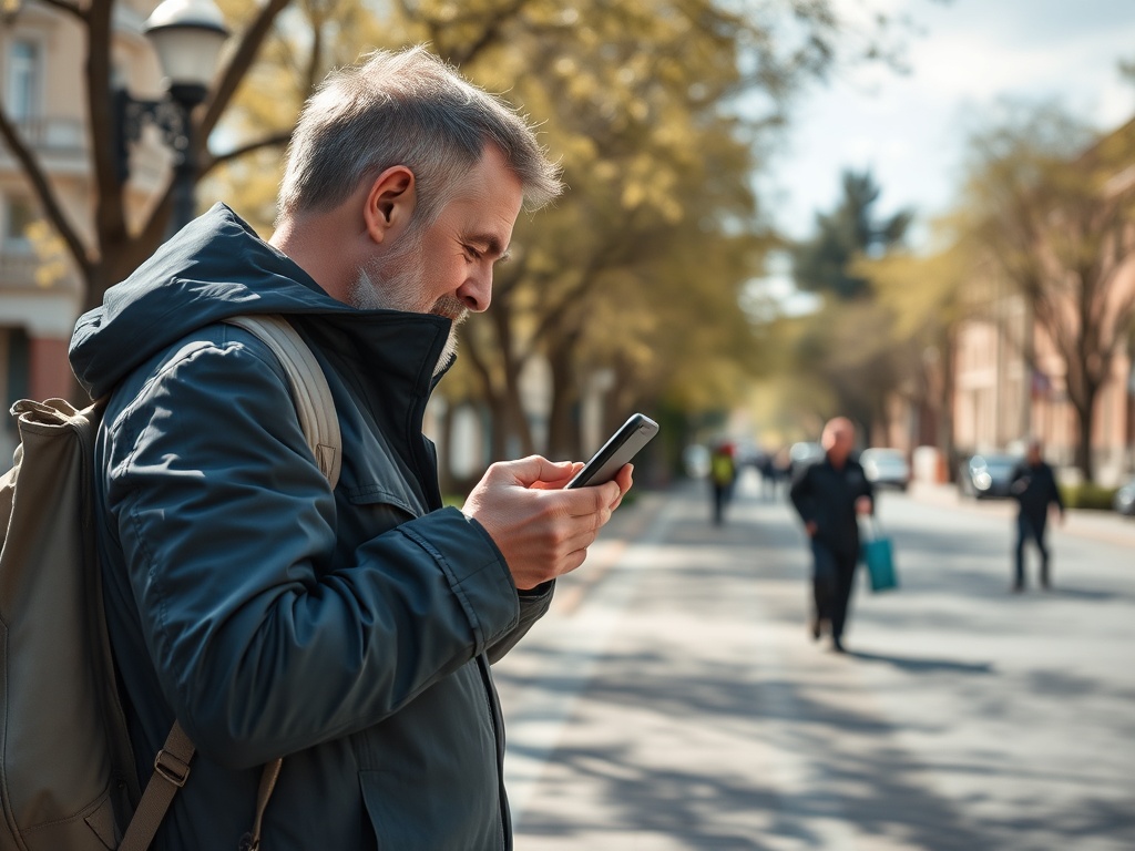 A man with gray hair, wearing a jacket, looks at his smartphone while standing on a street lined with trees.
