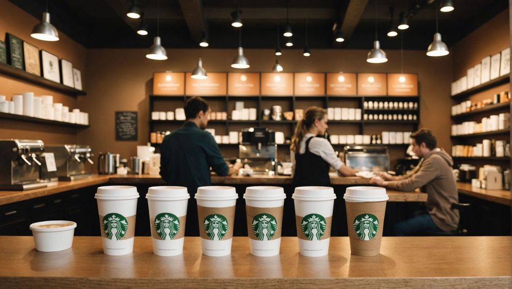 Кофейня Starbucks: ряды стаканчиков на стойке, сотрудники и клиенты на фоне интерьера.